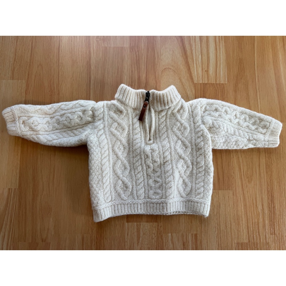 AranCrafts Ireland Kids 100% Merino Wool Cable Knit Quarter Zip Sweater 12-18M